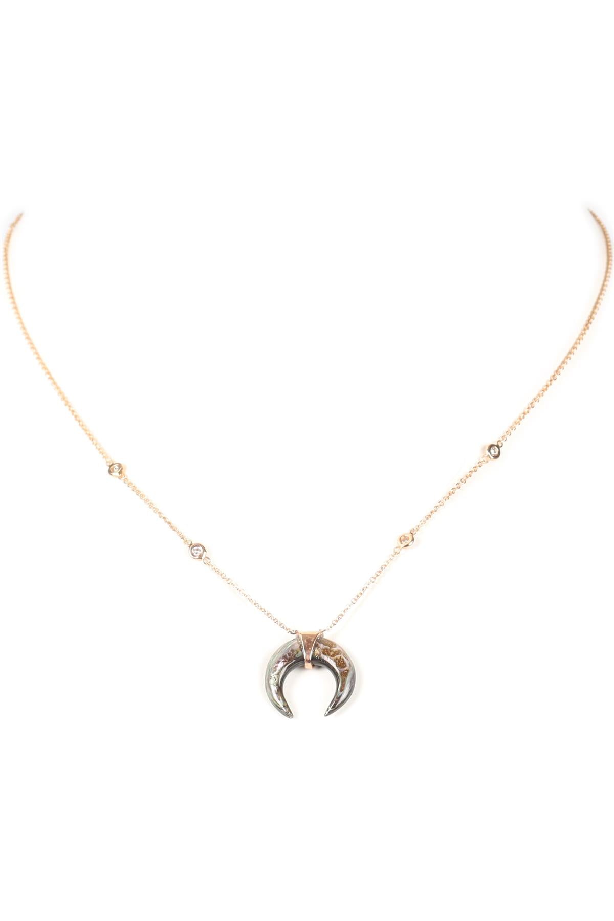JACQUIE AICHE DOUBLE HORN 14K ROSE GOLD, ABALONE AND PAVE DIAMOND NECKLACE