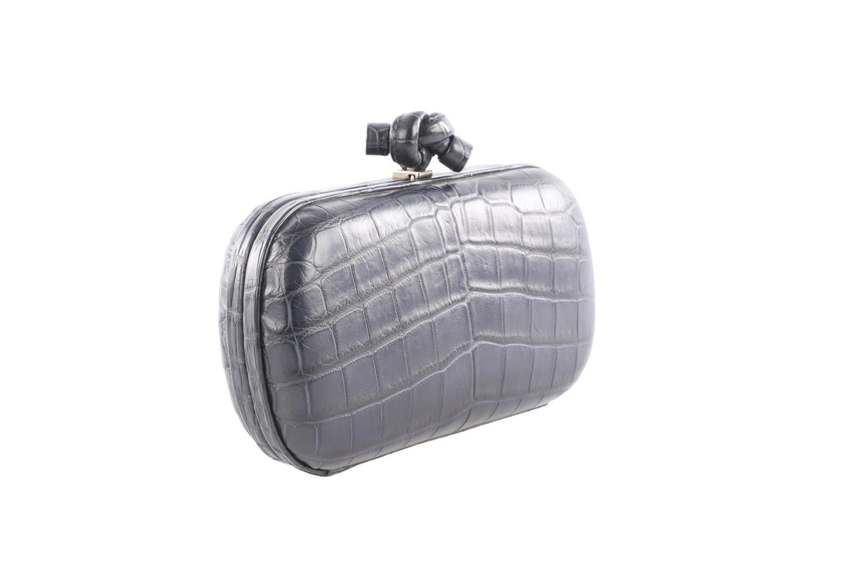 BOTTEGA VENETA NAVY KNOT CROCODILE CLUTCH