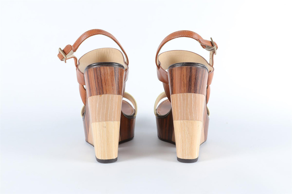 JIMMY CHOO BROWN LEATHER WEDGE SANDALS EU 38.5, UK 5.5, US 8.5