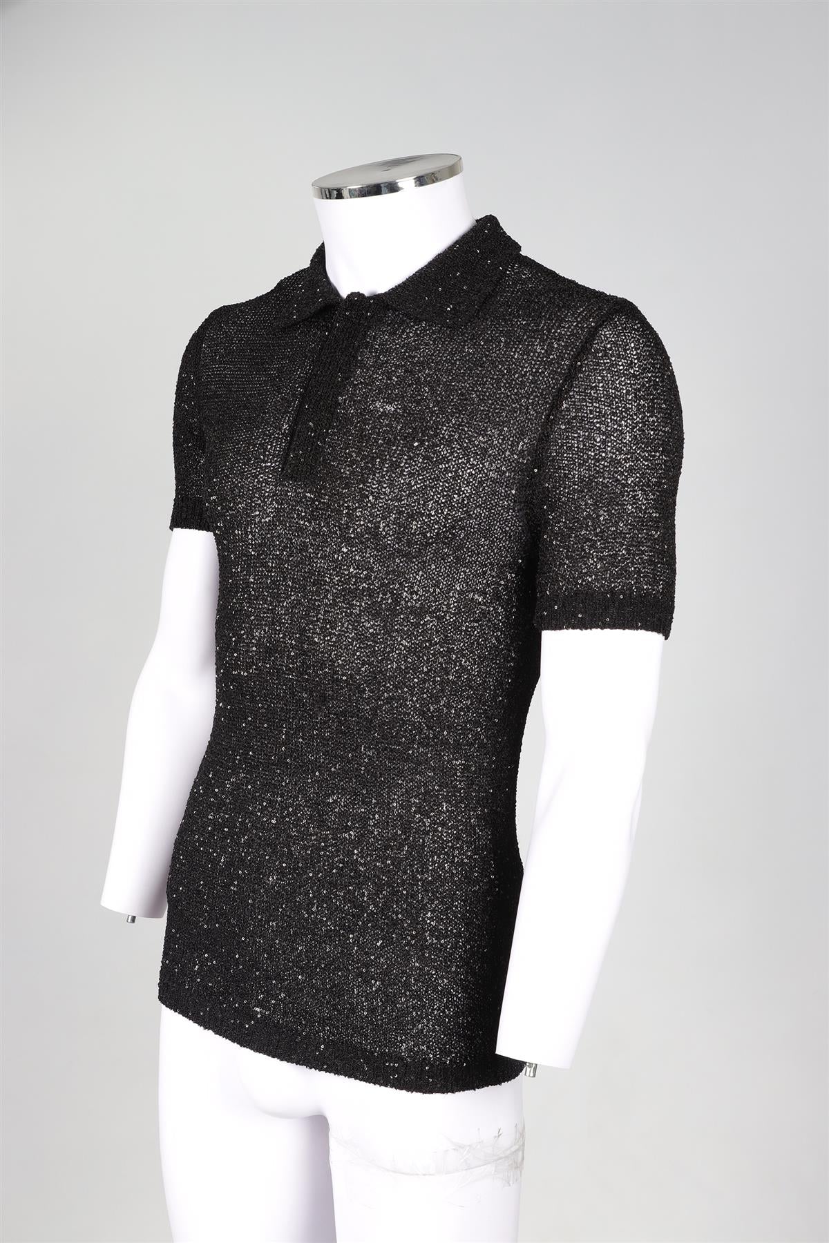 VALENTINO BLACK MEN'S SEQUIN AND KNIT POLO SHIRT MEDIUM