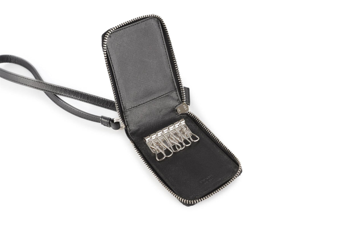 PRADA BLACK SAFFIANO LEATHER KEY HOLDER