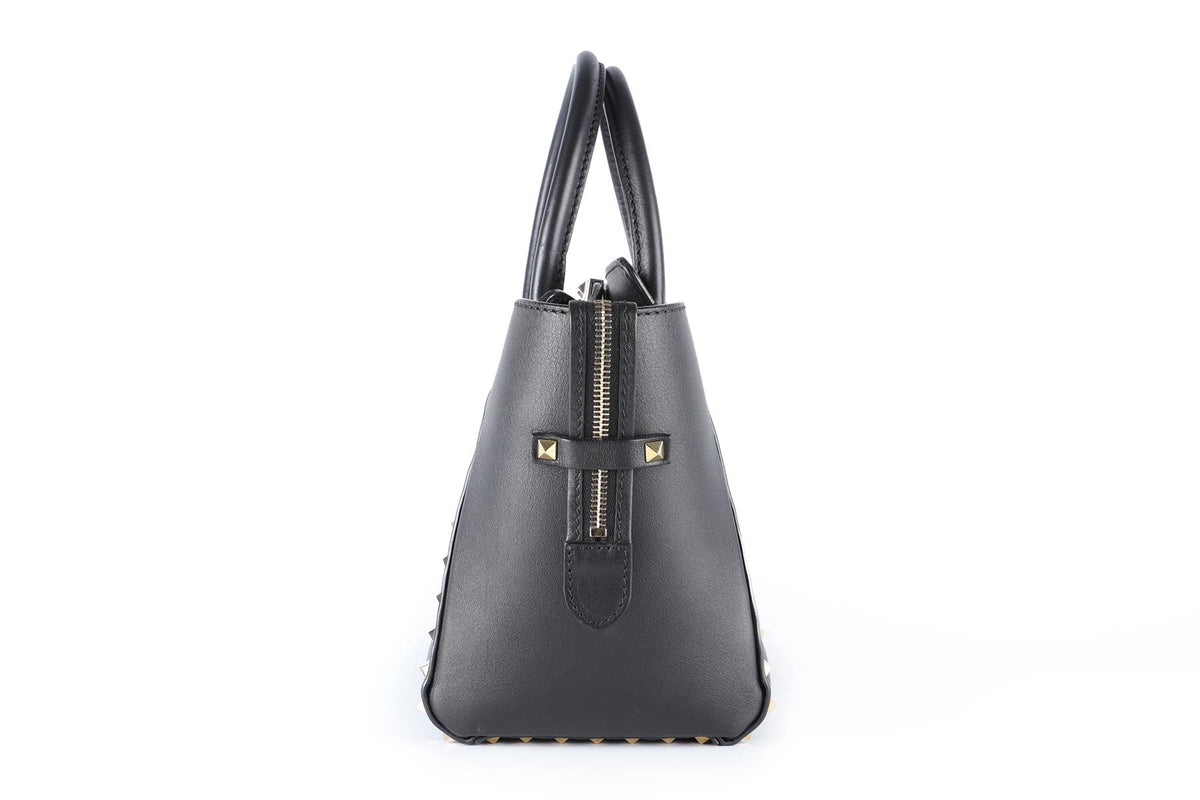 VALENTINO GARAVANI BLACK ROCKSTUD SMALL LEATHER TOTE BAG