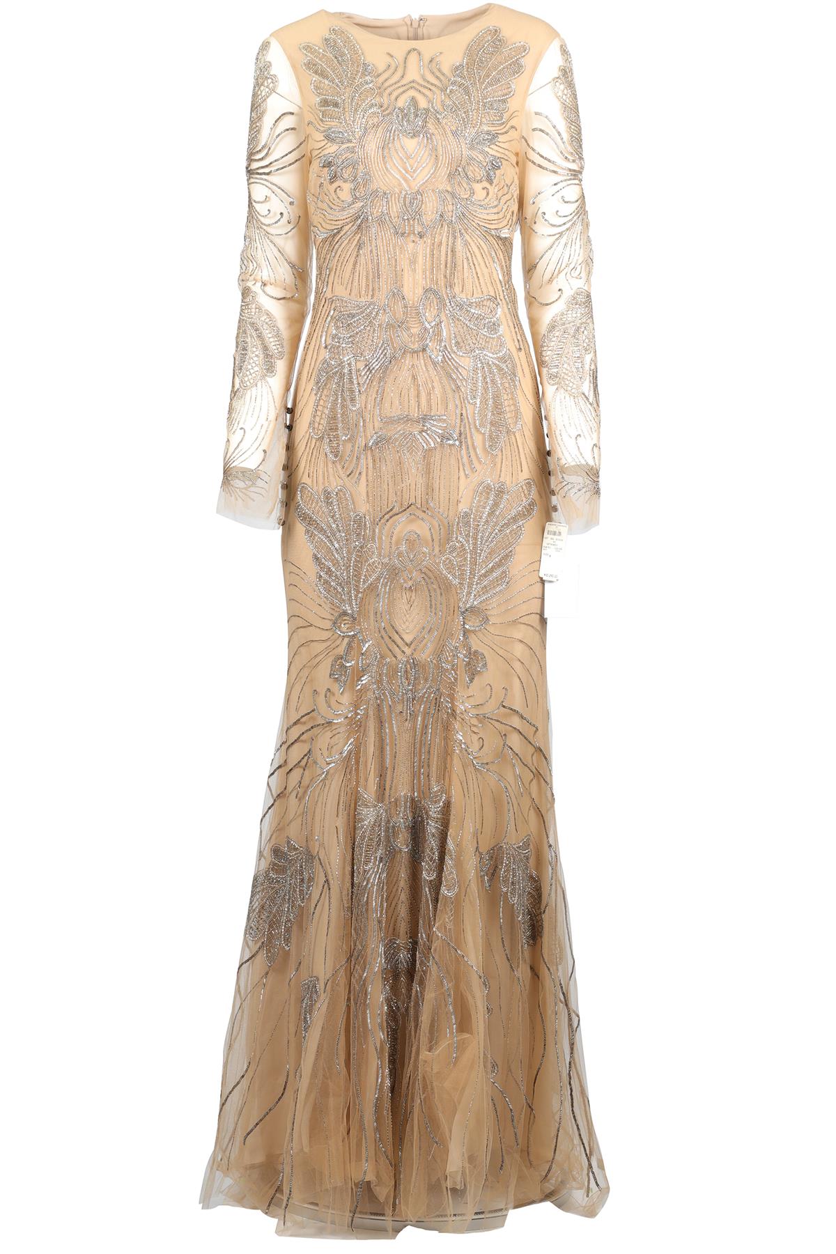 MONIQUE LHUILLIER TAN BEAD AND TULLE MAXI DRESS US 8 UK 12