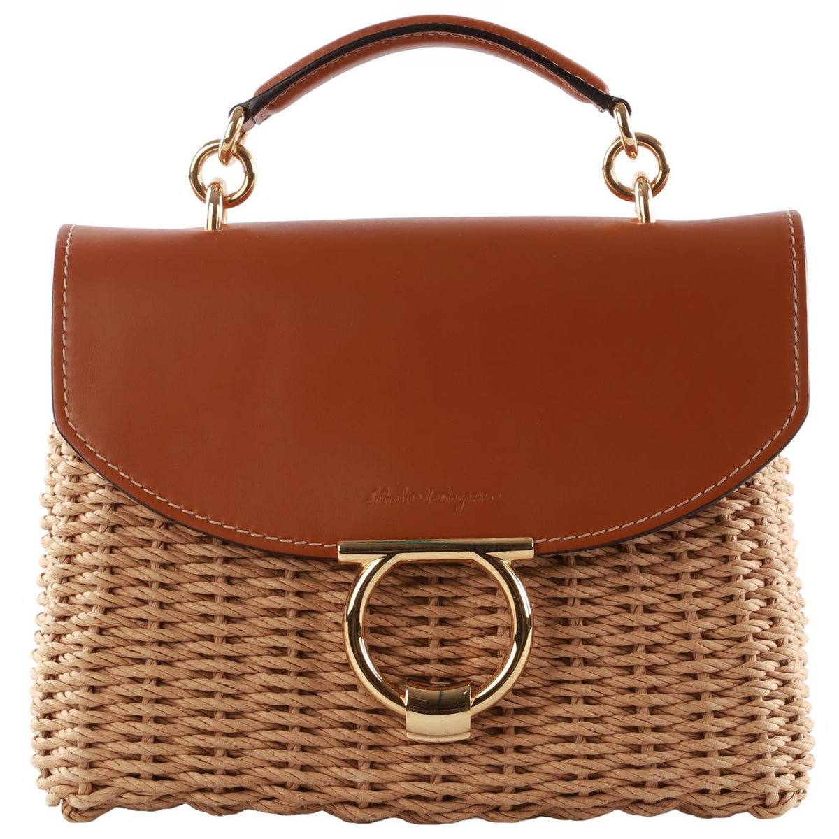 SALVATORE FERRAGAMO TAN MARGOT WICKER TOTE BAG