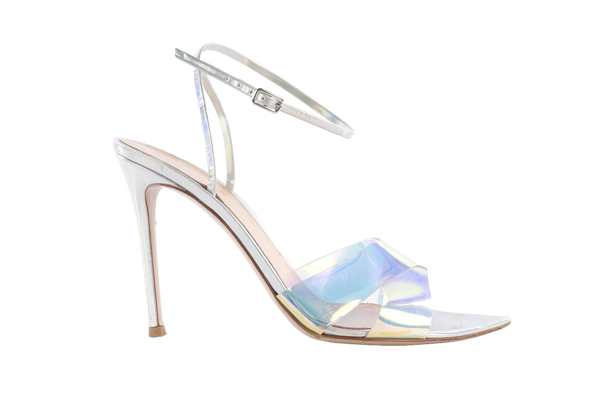 GIANVITO ROSSI SILVER PVC AND LEATHER SANDALS EU 39.5 UK 6.5 US 9.5