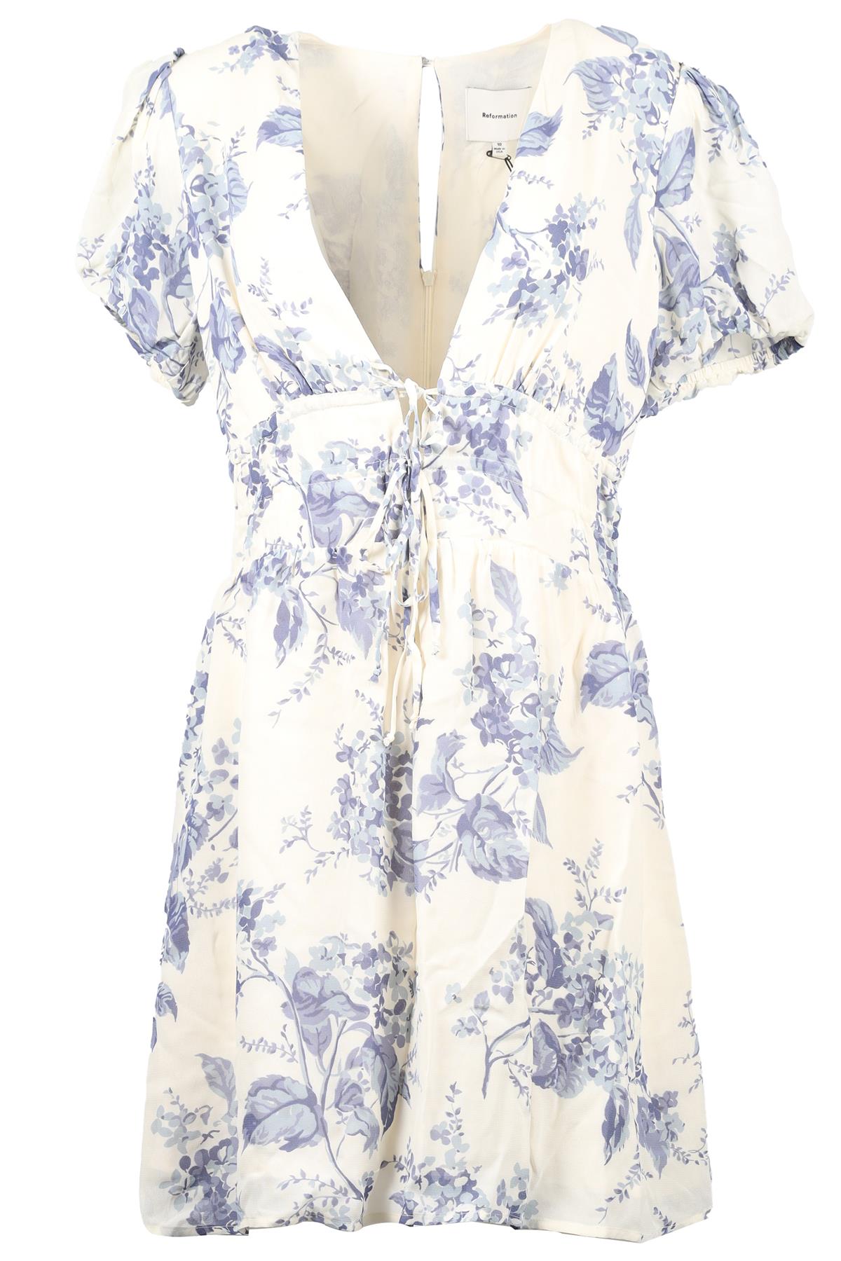 REFORMATION BLUE AND WHITE CREPE MINI DRESS US 10 UK 14