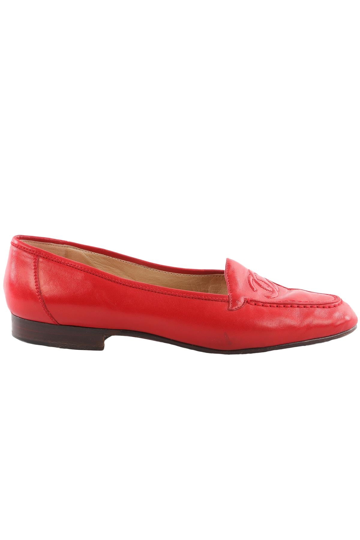 CHANEL RED VINTAGE CC LEATHER LOAFERS EU 39.5 UK 6.5 US 9.5