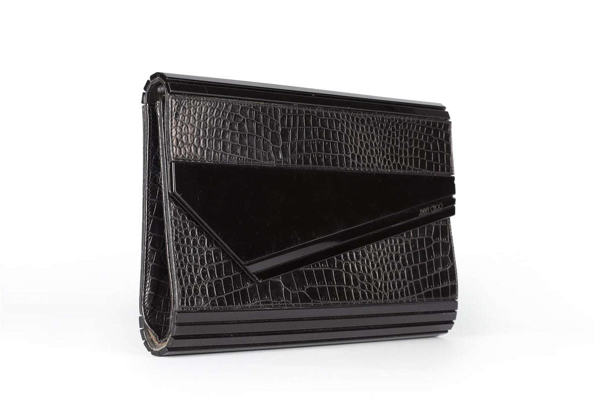 JIMMY CHOO BLACK CROC EFFECT LEATHER CLUTCH