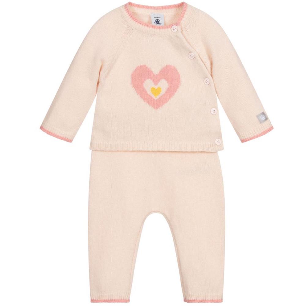 PETIT BATEAU BABY GIRLS HEART WOOL TROUSER SET 1 MONTH
