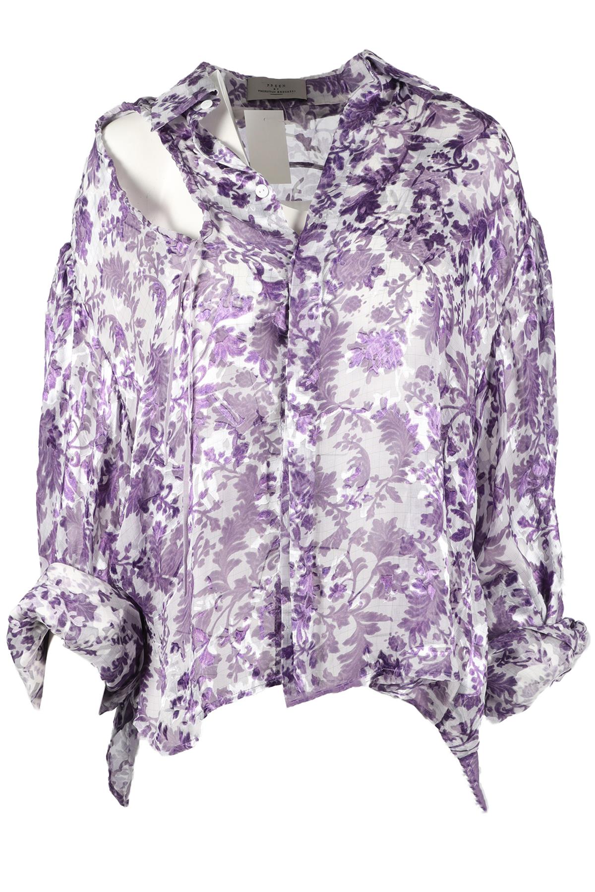 PREEN BY THORNTON BREGAZZI PURPLE AND WHITE SILK BLEND SHIRT SMALL