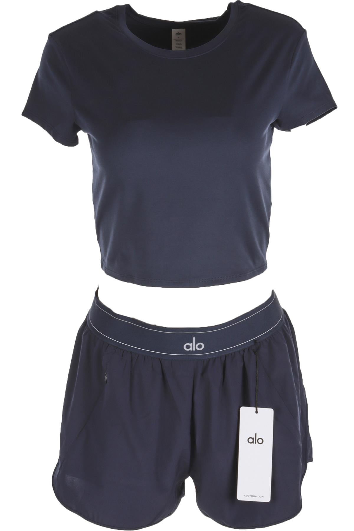 ALO YOGA NAVY TOP AND SHORTS SET MEDIUM
