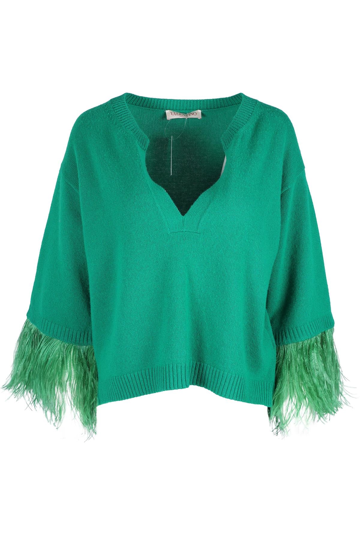 VALENTINO GREEN FEATHER AND WOOL SWEATER XSMALL
