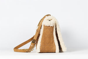 CHRISTIAN DIOR TAN MEDIUM CARO CANNAGE SUEDE AND SHEARLING SHOULDER BAG