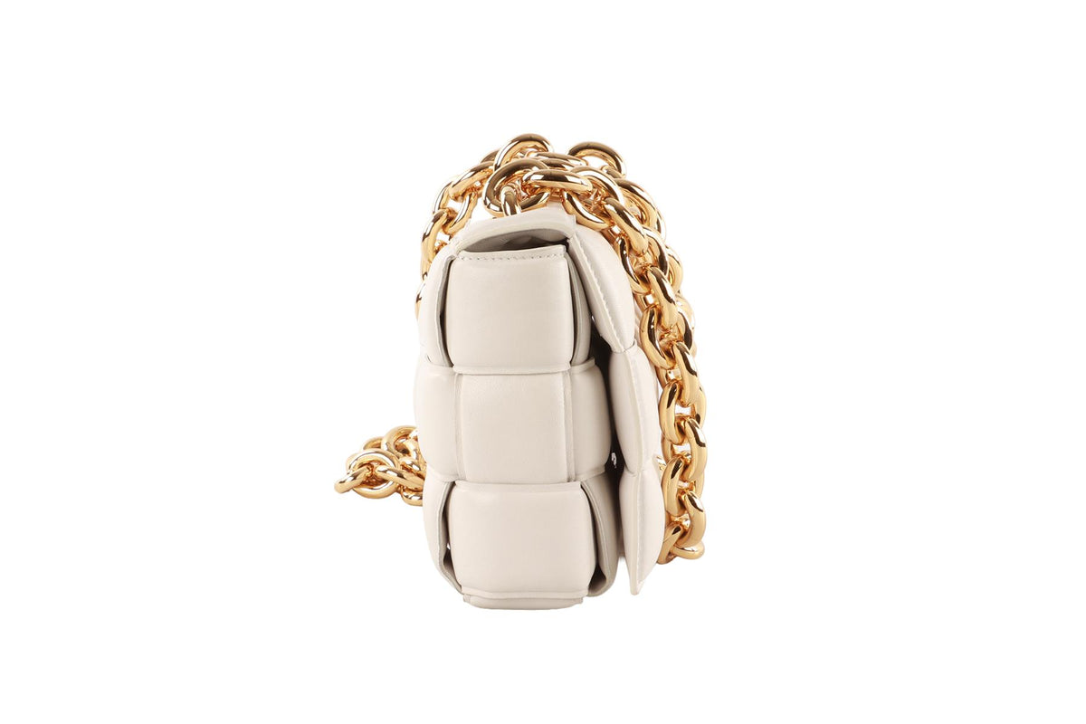 WHITE THE CHAIN CASSETTE INTRECCIATO LEATHER SHOULDER BAG