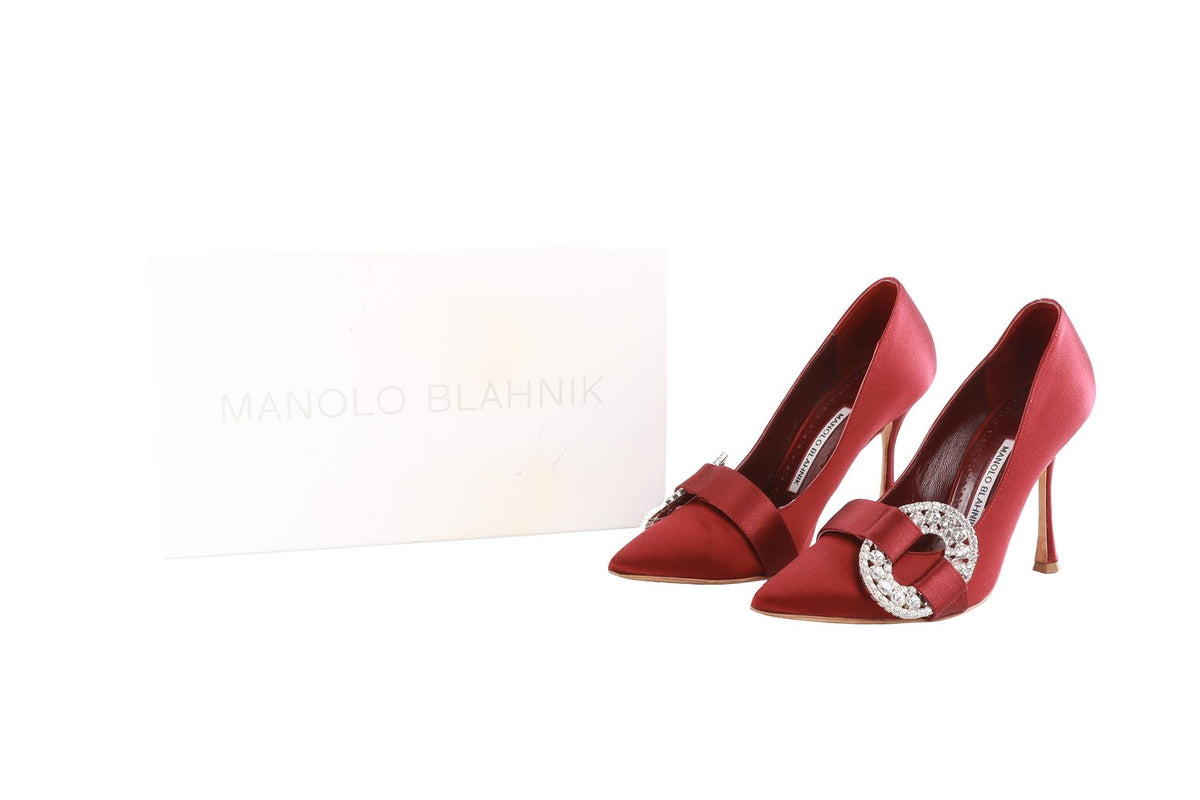 MANOLO BLAHNIK BURGUNDY CRYSTAL AND SATIN PUMPS EU 37 UK 4 US 7