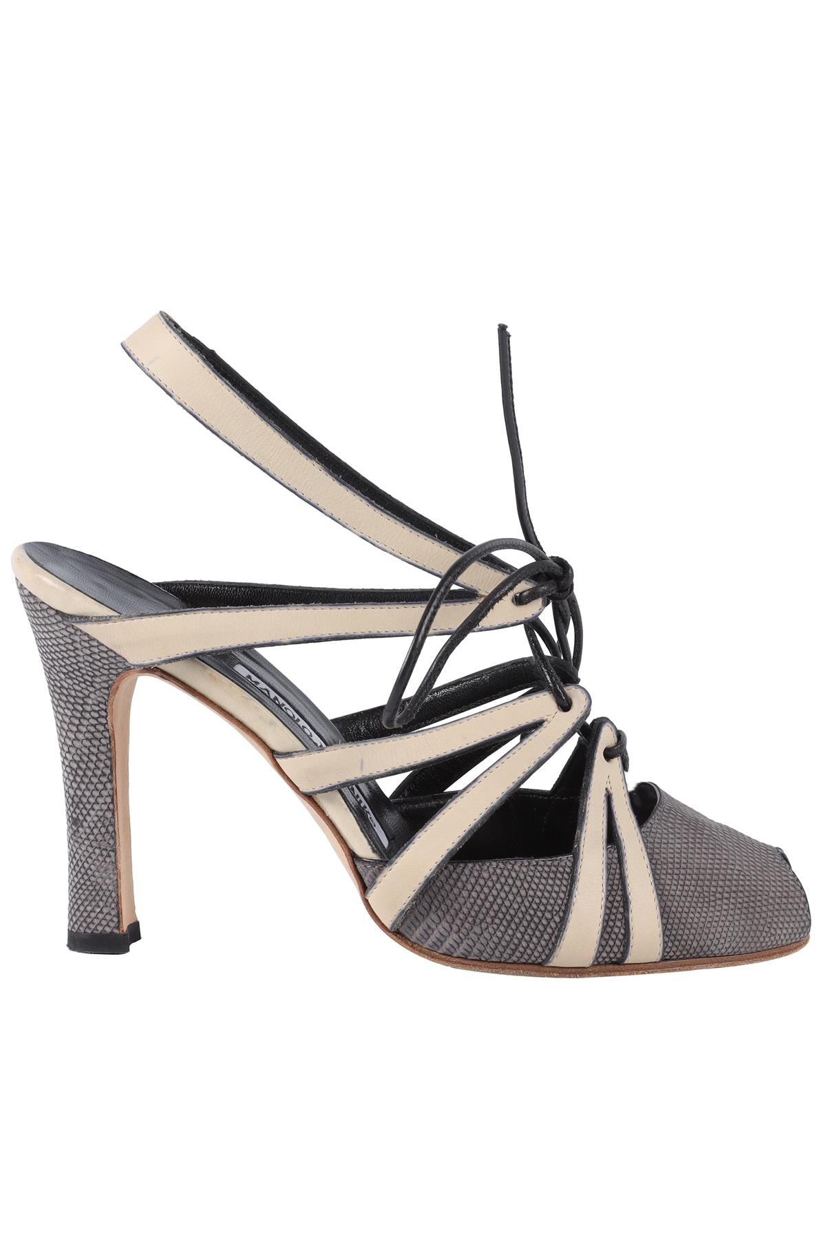 MANOLO BLAHNIK GREY LEATHER SANDALS EU 38 UK 5 US 8