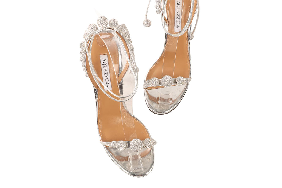 AQUAZZURA SILVER CRYSTAL AND LEATHER SANDALS EU 39 UK 6 US 9
