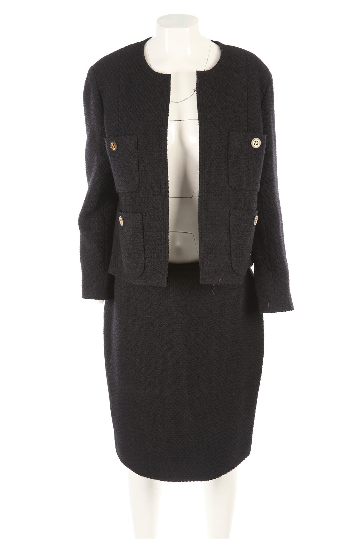 CHANEL BLACK 1991 WOOL SKIRT SUIT FR 46