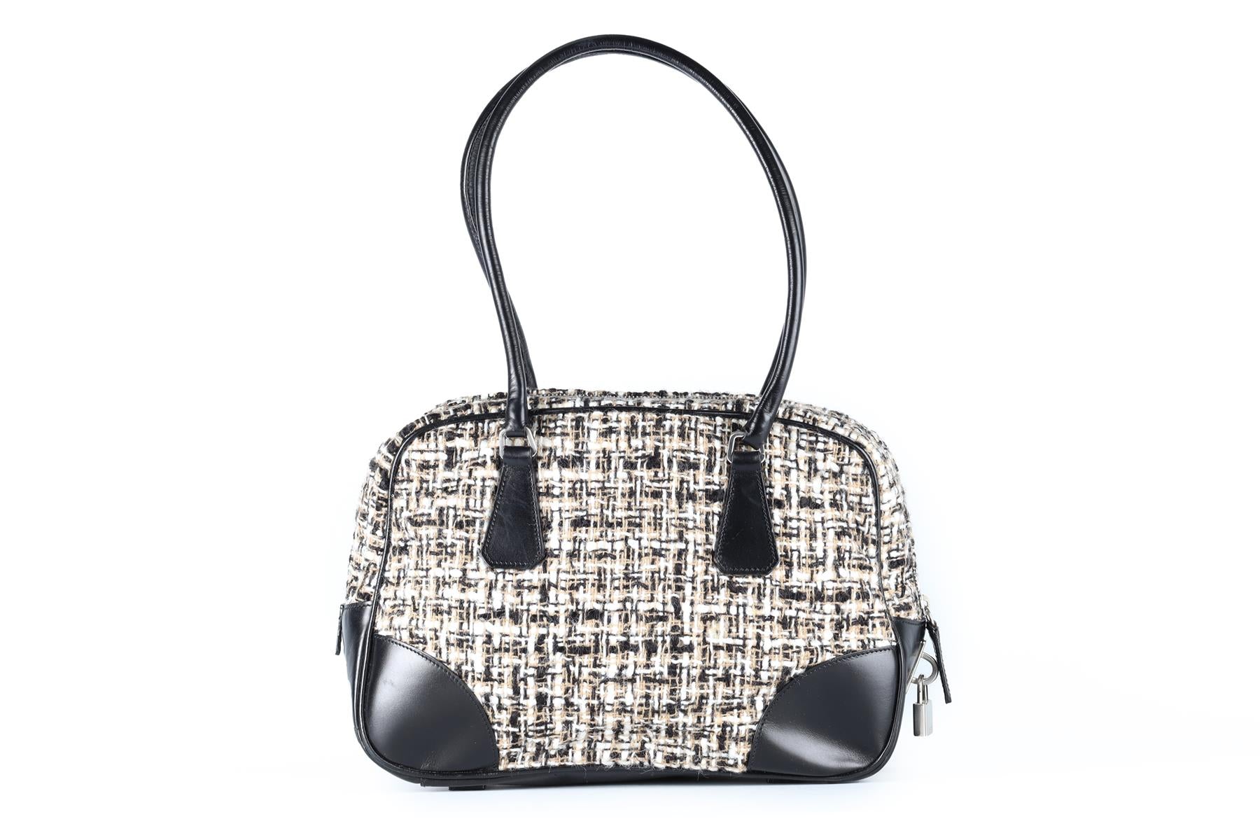 PRADA BLACK TWEED AND LEATHER SHOULDER BAG