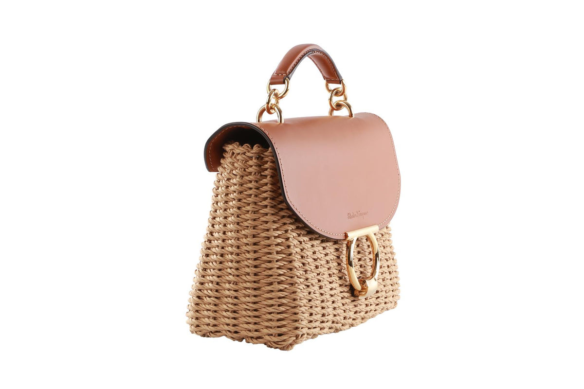 SALVATORE FERRAGAMO TAN MARGOT WICKER TOTE BAG