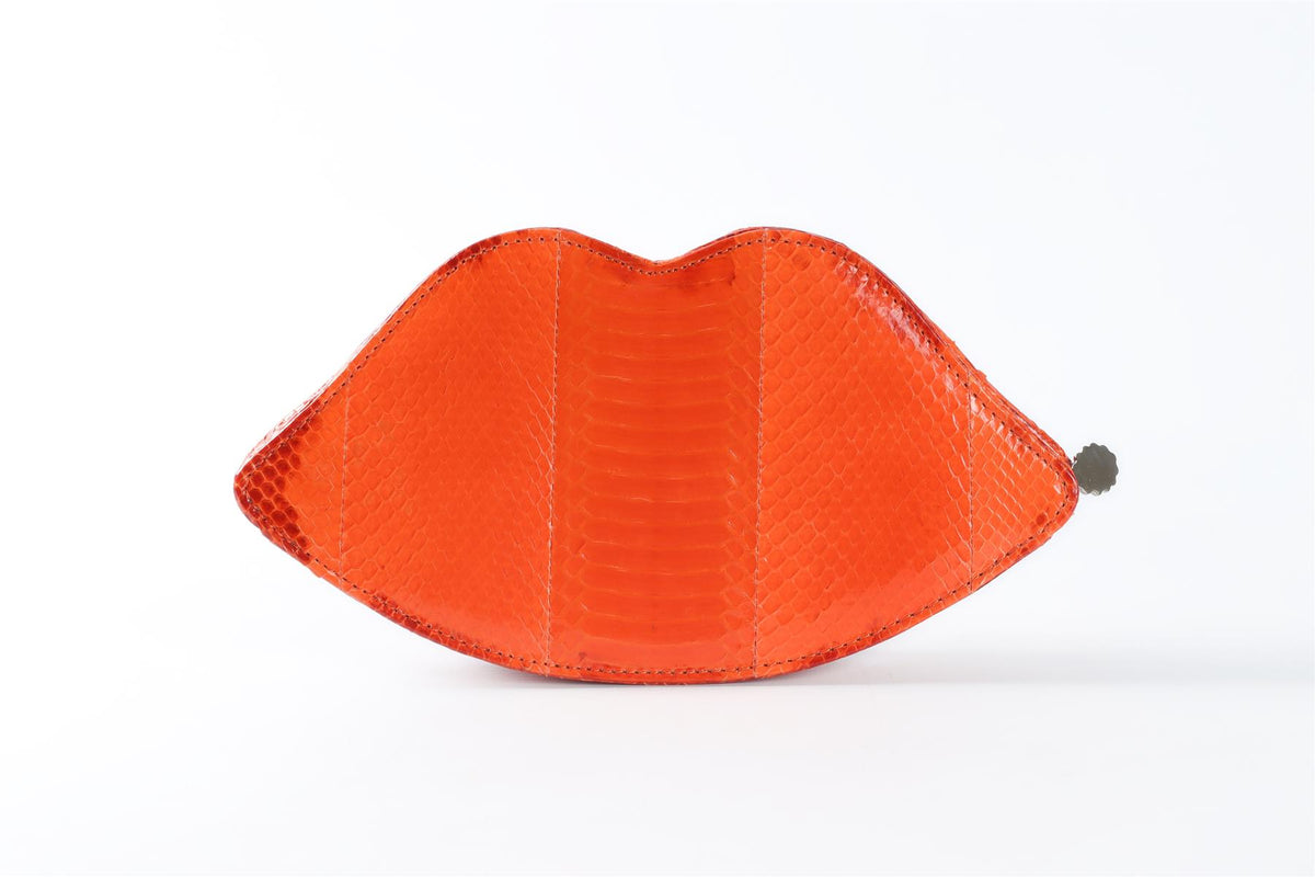 LULU GUINNESS ORANGE LIPS SNAKESKIN CLUTCH