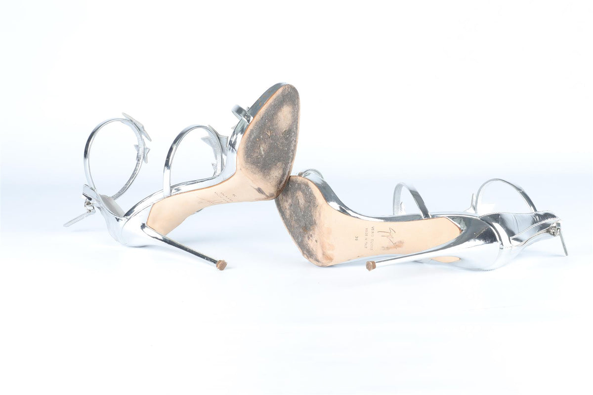 GIUSEPPE ZANOTTI SILVER CRYSTAL AND LEATHER SANDALS EU 39 UK 6 US 9