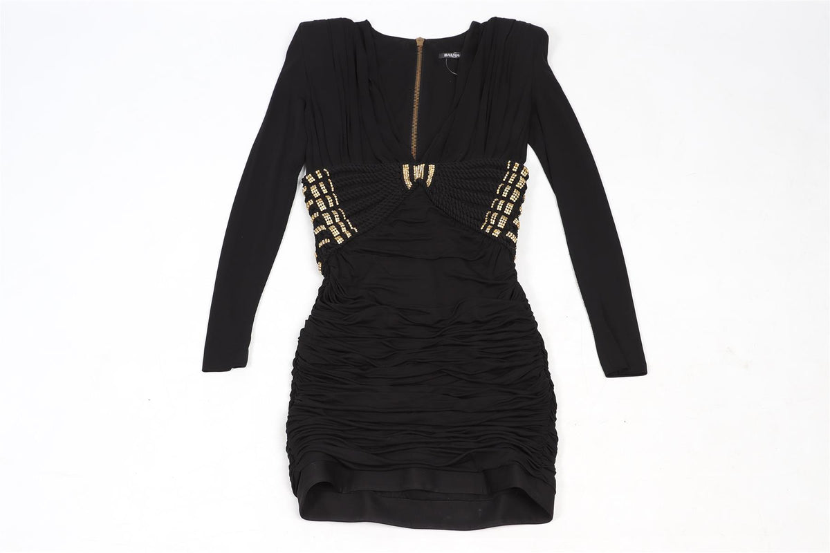 BALMAIN BLACK CRYSTAL AND JERSEY MINI DRESS FR 36 UK 8
