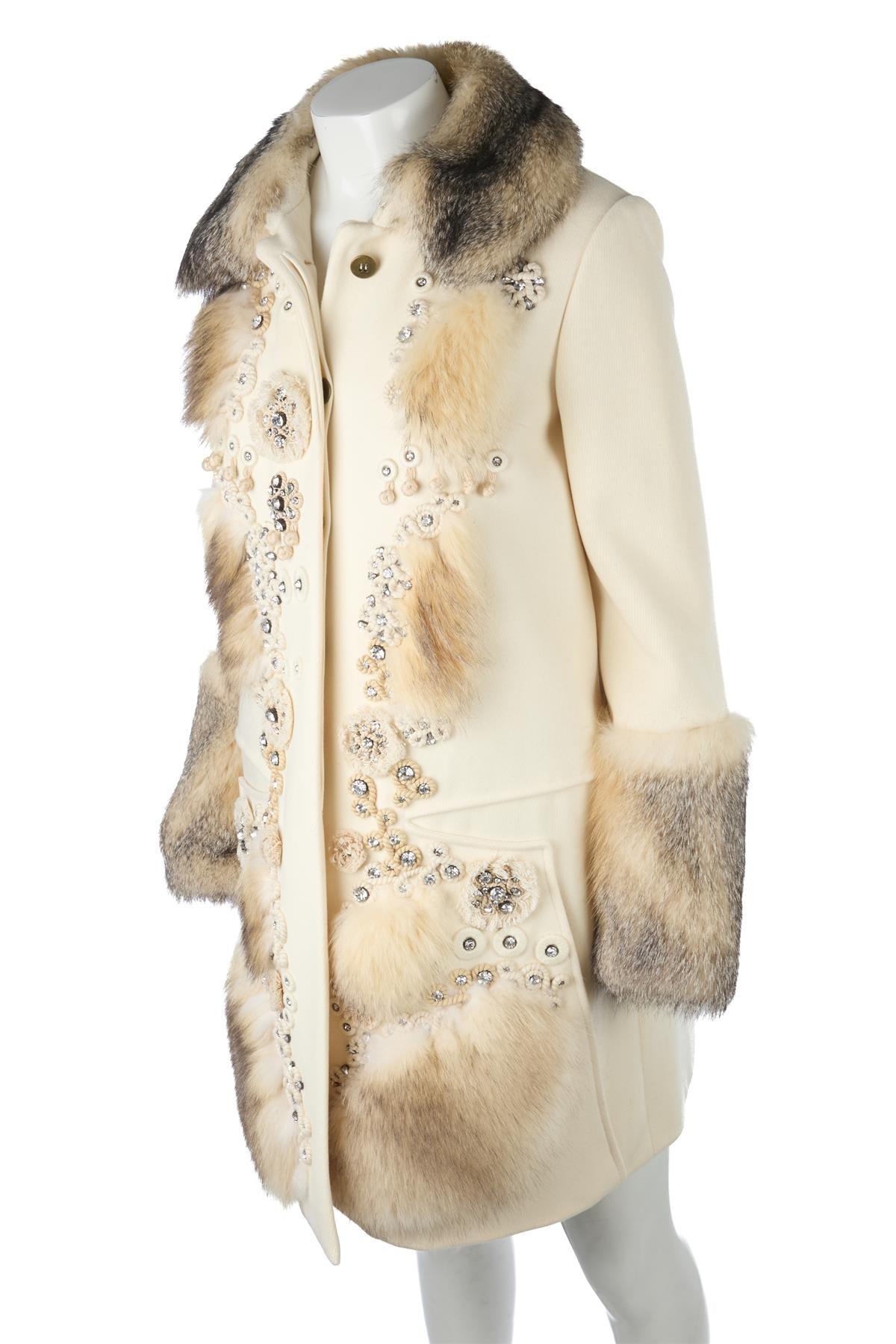 CHLOÉ CREAM 2008 FOX FUR AND WOOL COAT FR 36 UK 8