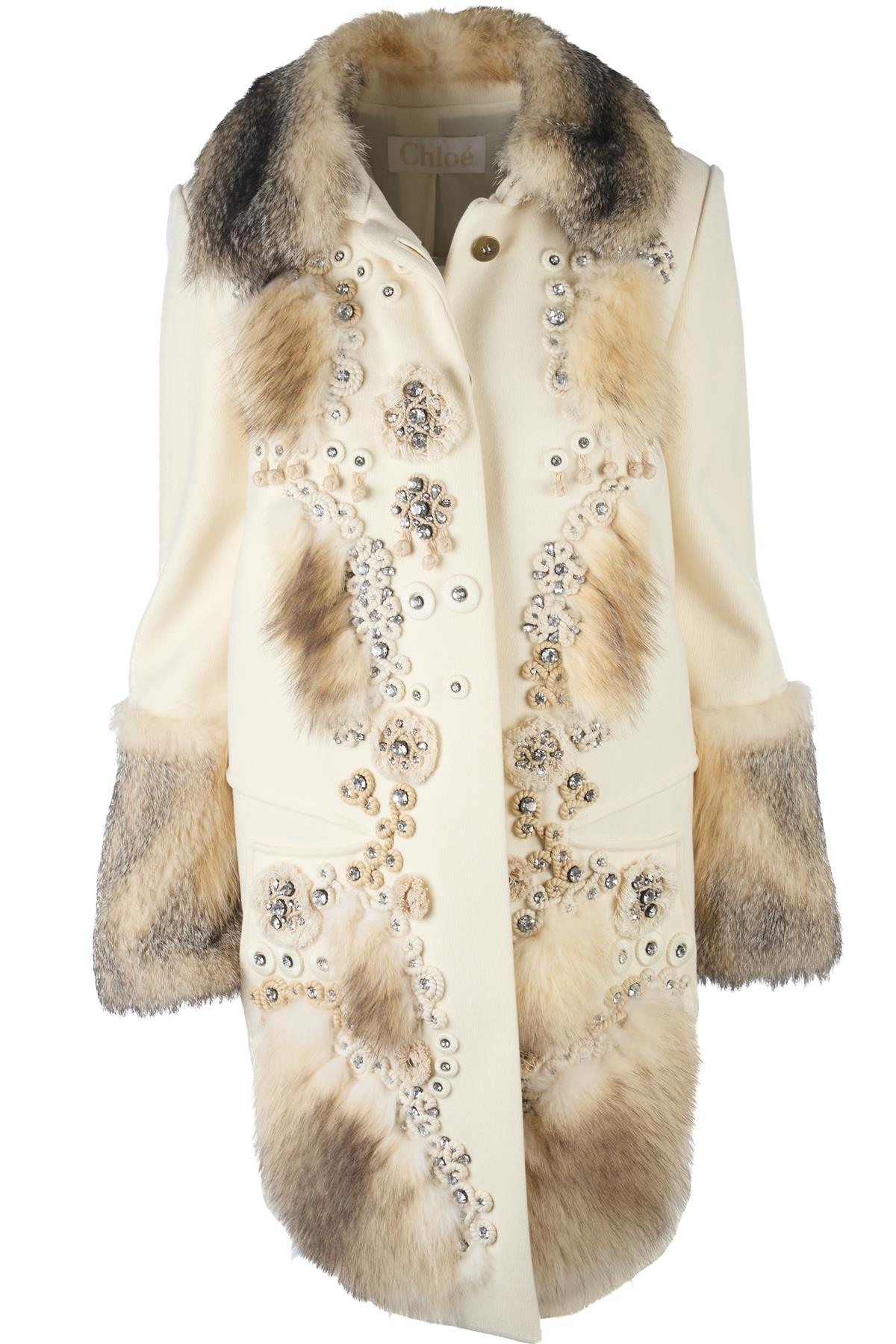 CHLOÉ CREAM 2008 FOX FUR AND WOOL COAT FR 36 UK 8