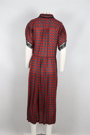 PREEN LINE RED, NAVY AND BLACK CHECKED SATIN MAXI DRESS MEDIUM