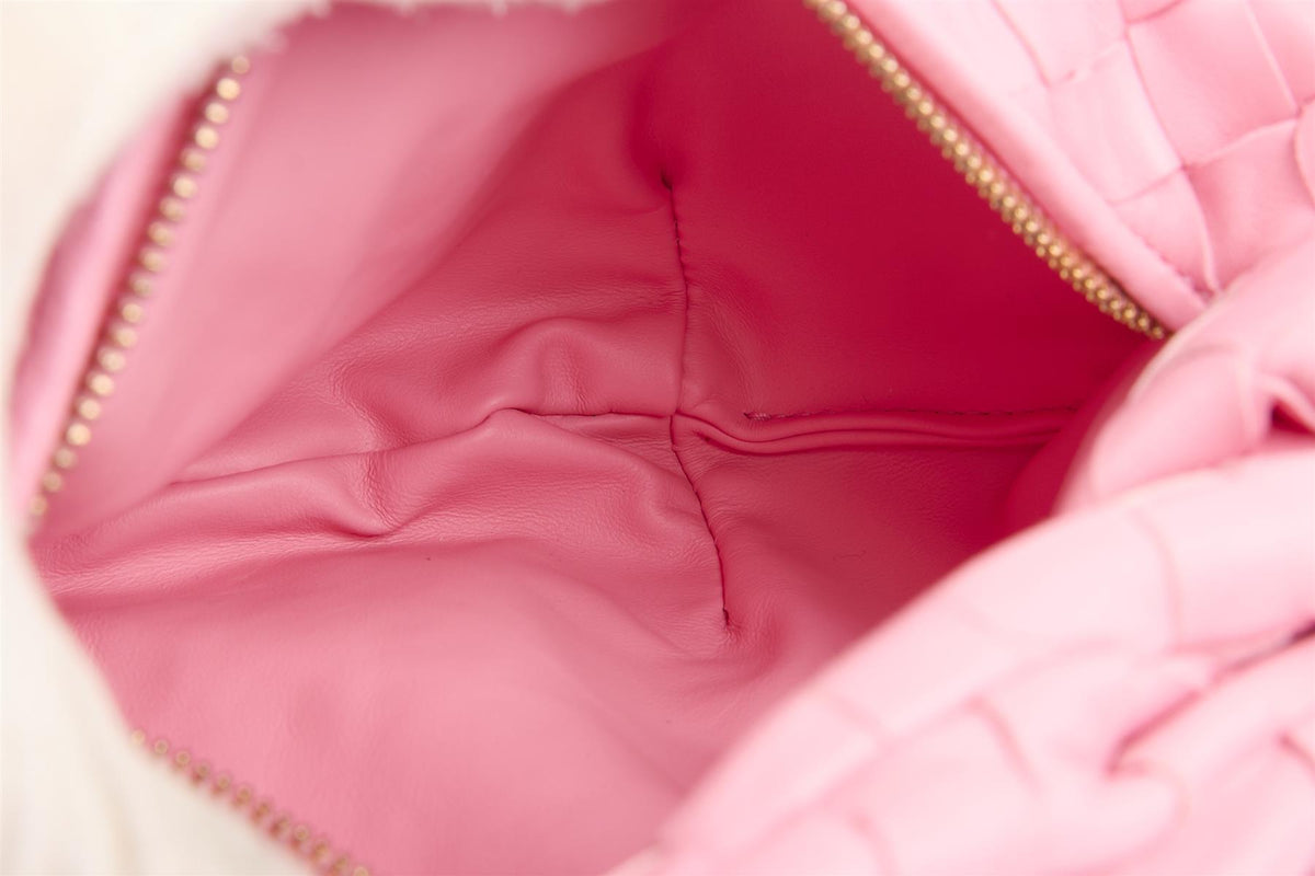 BOTTEGA VENETA PINK JODIE MINI INTRECCIATO LEATHER TOTE BAG
