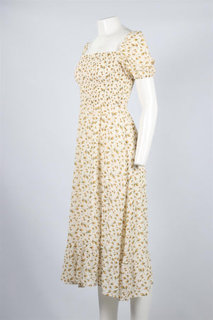 REFORMATION CREAM FLORAL PRINT CREPE MIDI DRESS SMALL