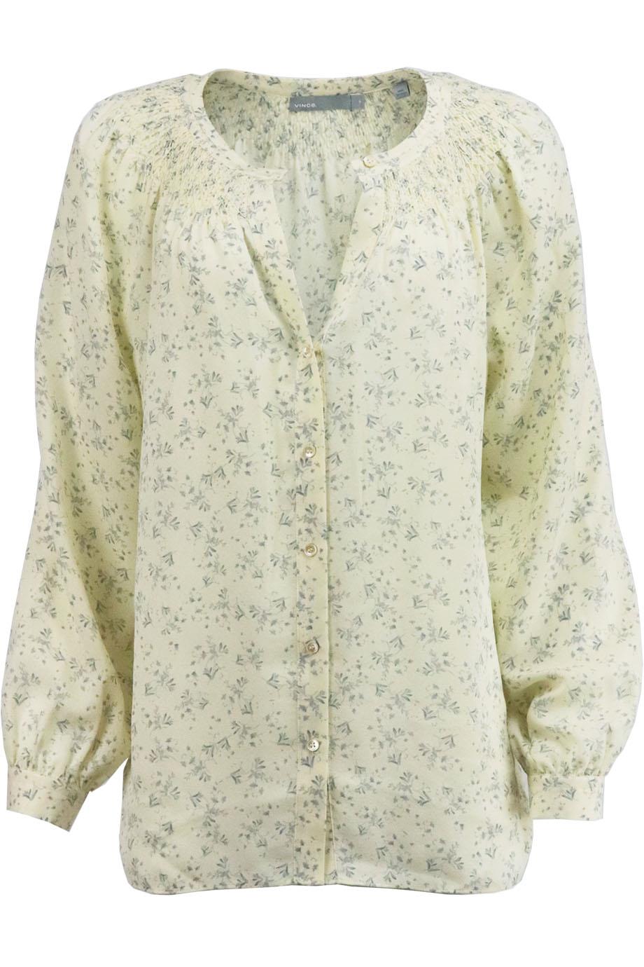 VINCE SMOCKED FLORAL PRINT SILK TOP MEDIUM