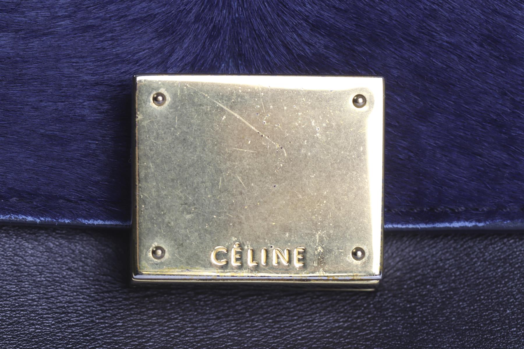 CELINE NAVY TRAPEZE MEDIUM CALF HAIR AND LEATHER TOTE BAG