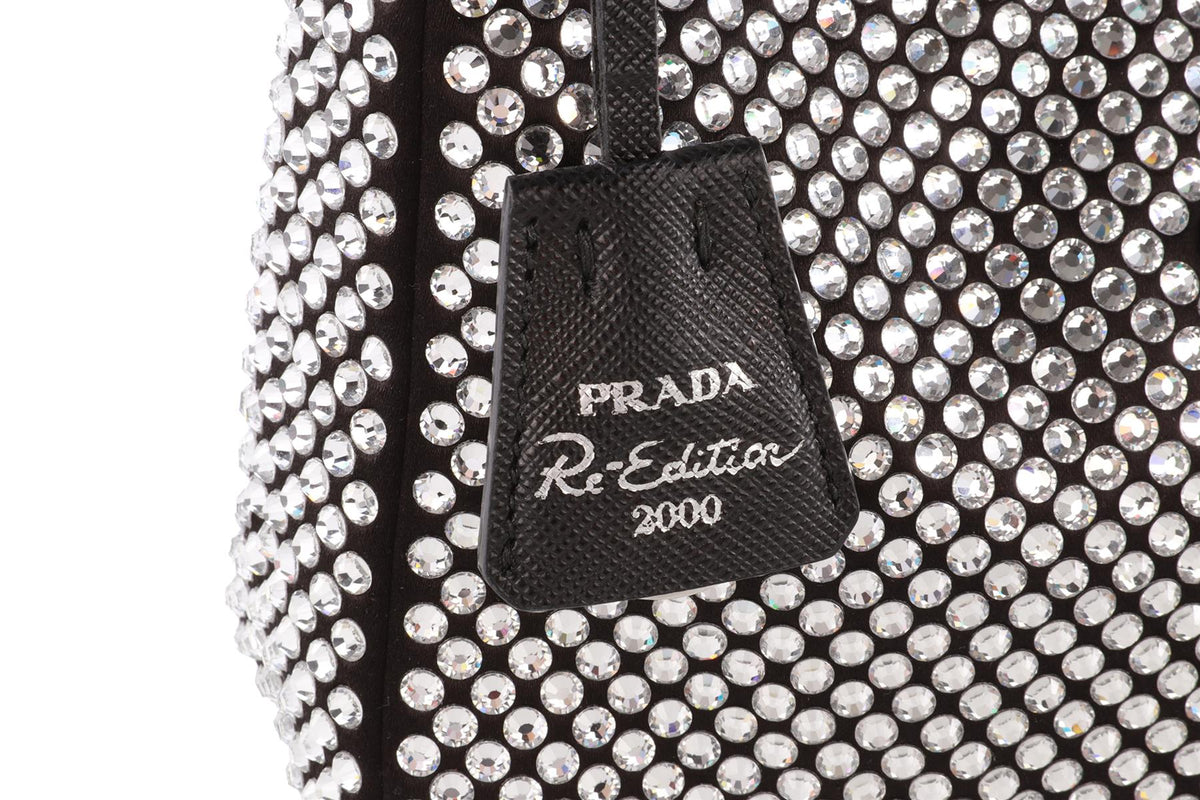 PRADA BLACK RE-EDITION 2000 CRYSTAL AND SATIN SHOULDER BAG