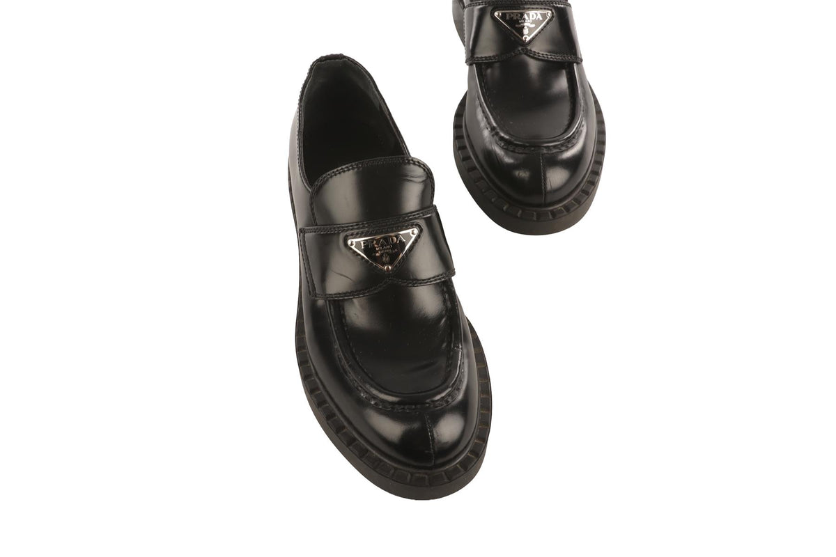 PRADA BLACK LEATHER PLATFORM LOAFERS EU 37 UK 4 US 7
