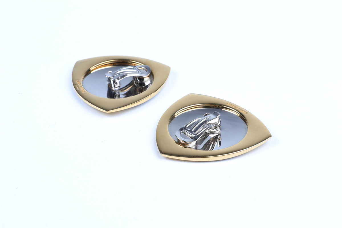 SAINT LAURENT GOLD SHIELD BRASS CLIP EARRINGS