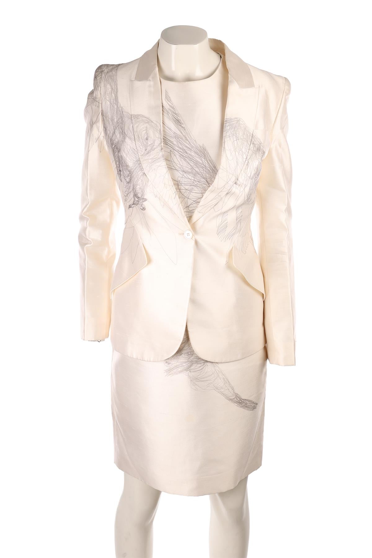 ALEXANDER MCQUEEN IVORY 2009 SILK BLAZER AND DRESS SET IT 42
