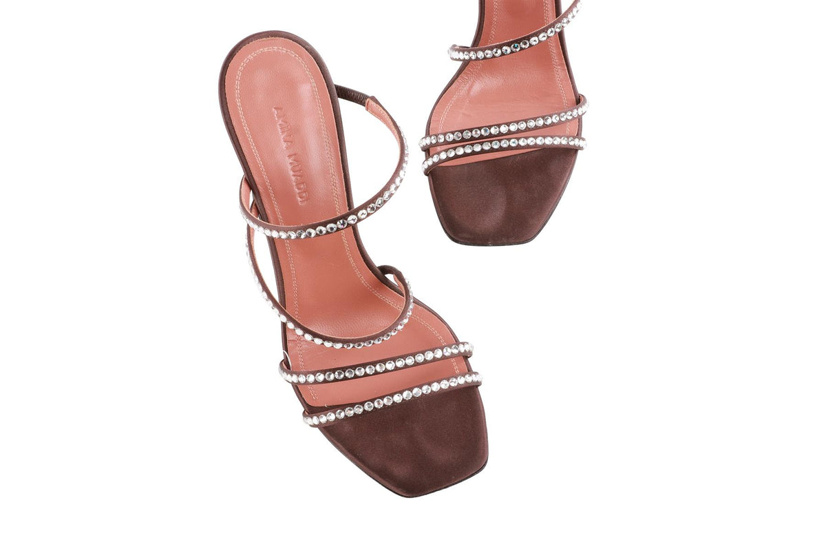 AMINA MUADDI BROWN CRYSTAL AND SATIN SANDALS EU 36 UK 3 US 9