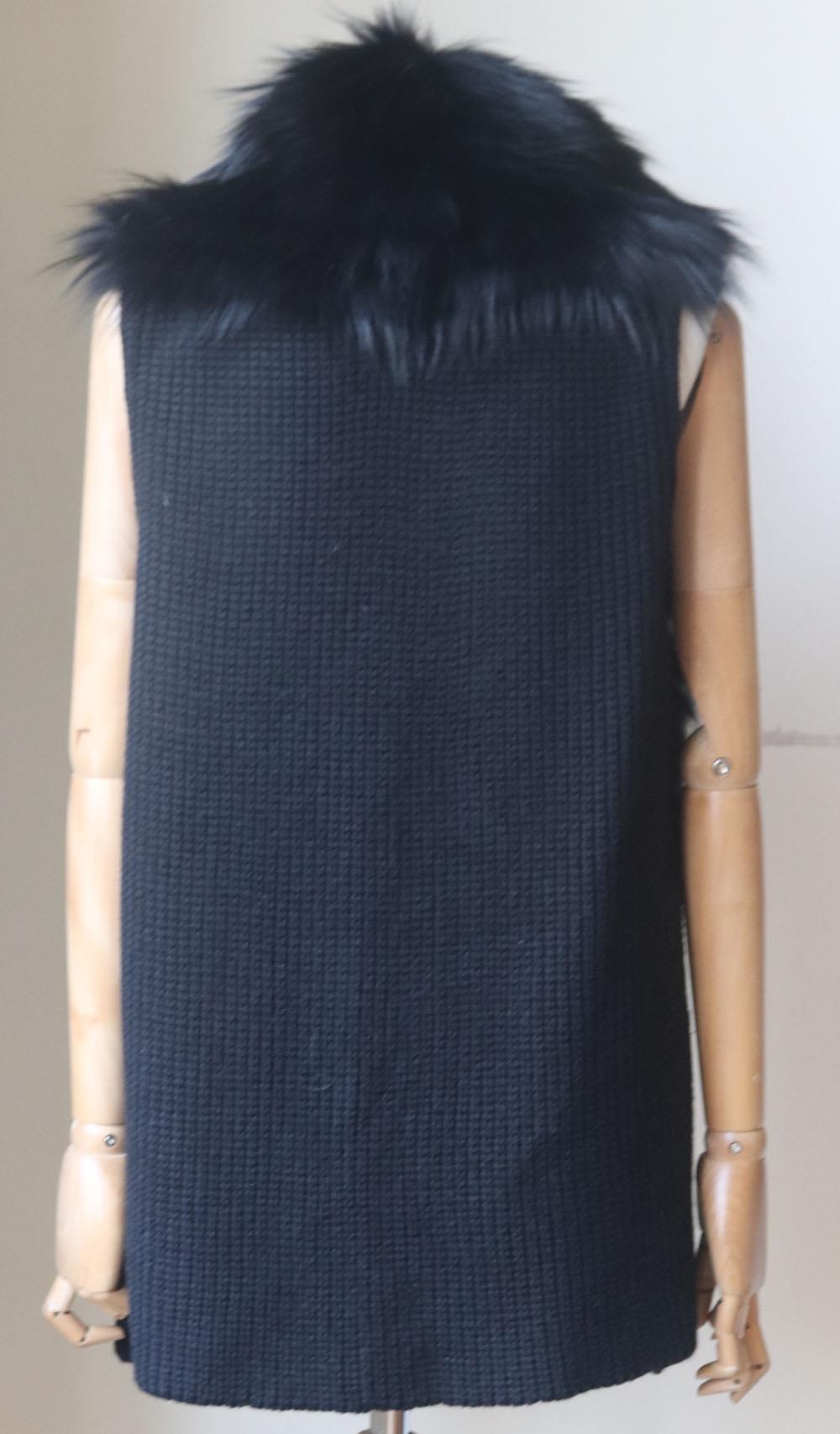 RAMY BROOK FOX FUR TRIMMED RIBBED WOOL BLEND GILET MEDIUM