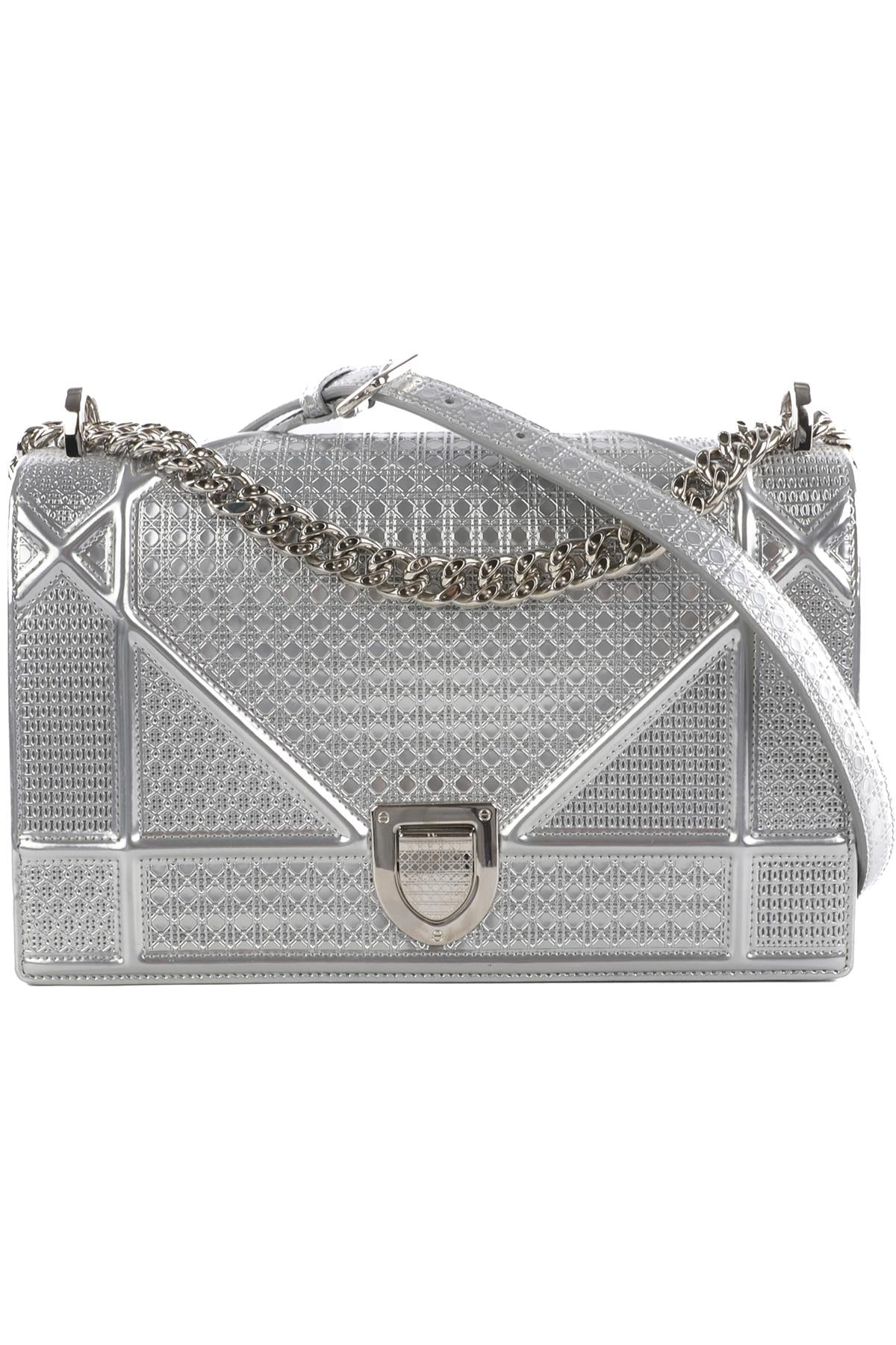CHRISTIAN DIOR SILVER DIORAMA MEDIUM MICROCANNAGE LEATHER SHOULDER BAG