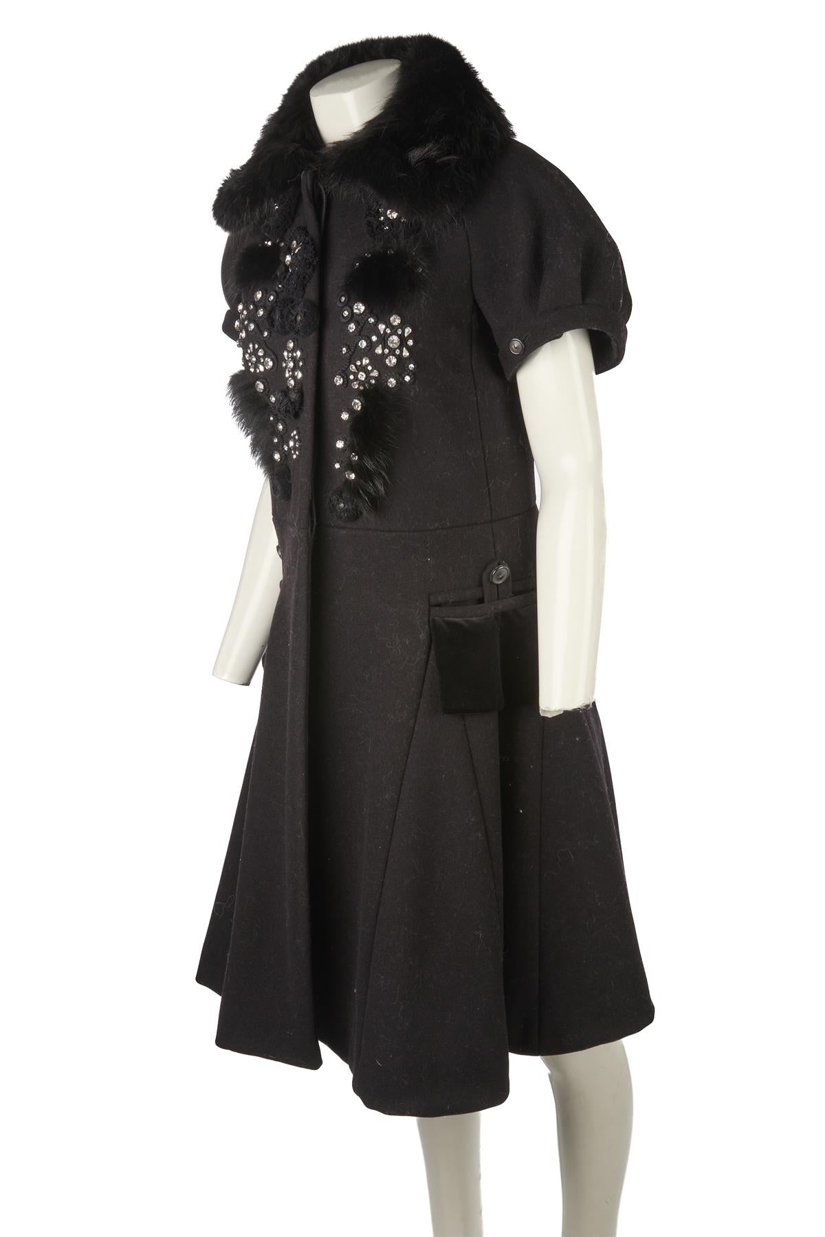 CHLOÉ BLACK 2008 FOX FUR AND WOOL COAT FR 36 UK 8