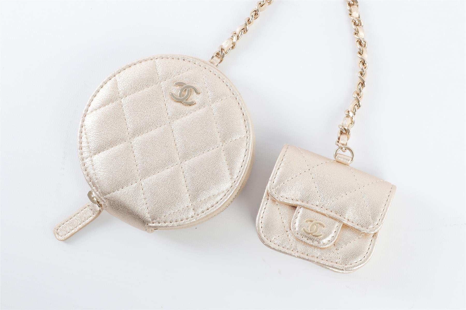 CHANEL GOLD 2014 QUILTED LEATHER AIRPOD CASE AND COIN PURSE