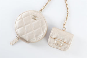 CHANEL GOLD 2014 QUILTED LEATHER AIRPOD CASE AND COIN PURSE