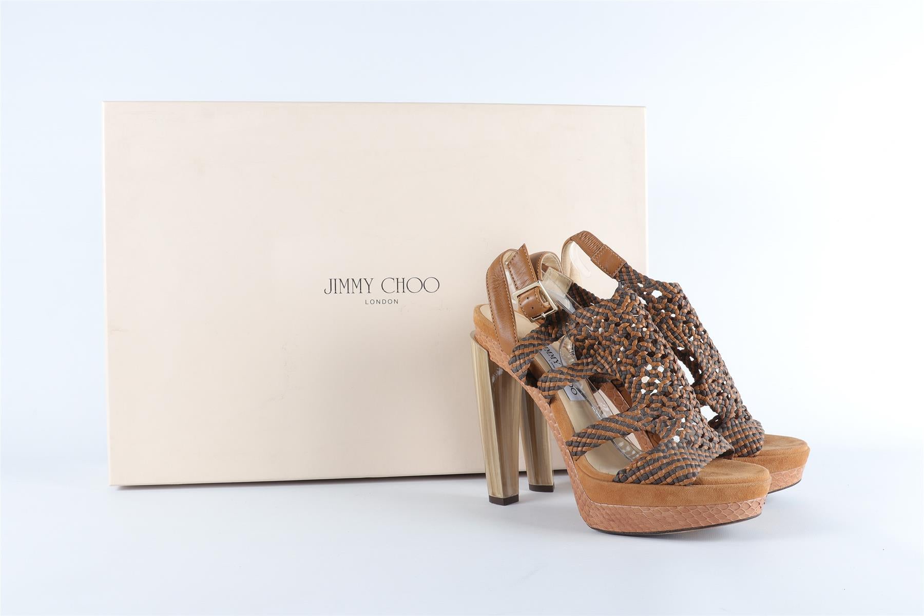 JIMMY CHOO BROWN LEATHER AND SUEDE SANDALS EU 38.5, UK 5.5, US 8.5