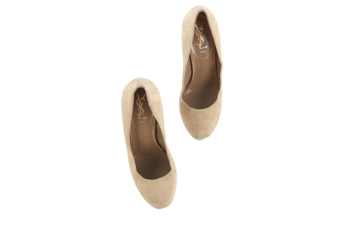 YVES SAINT LAURENT BEIGE SUEDE PLATFORM PUMPS EU 38 UK 5 US 8
