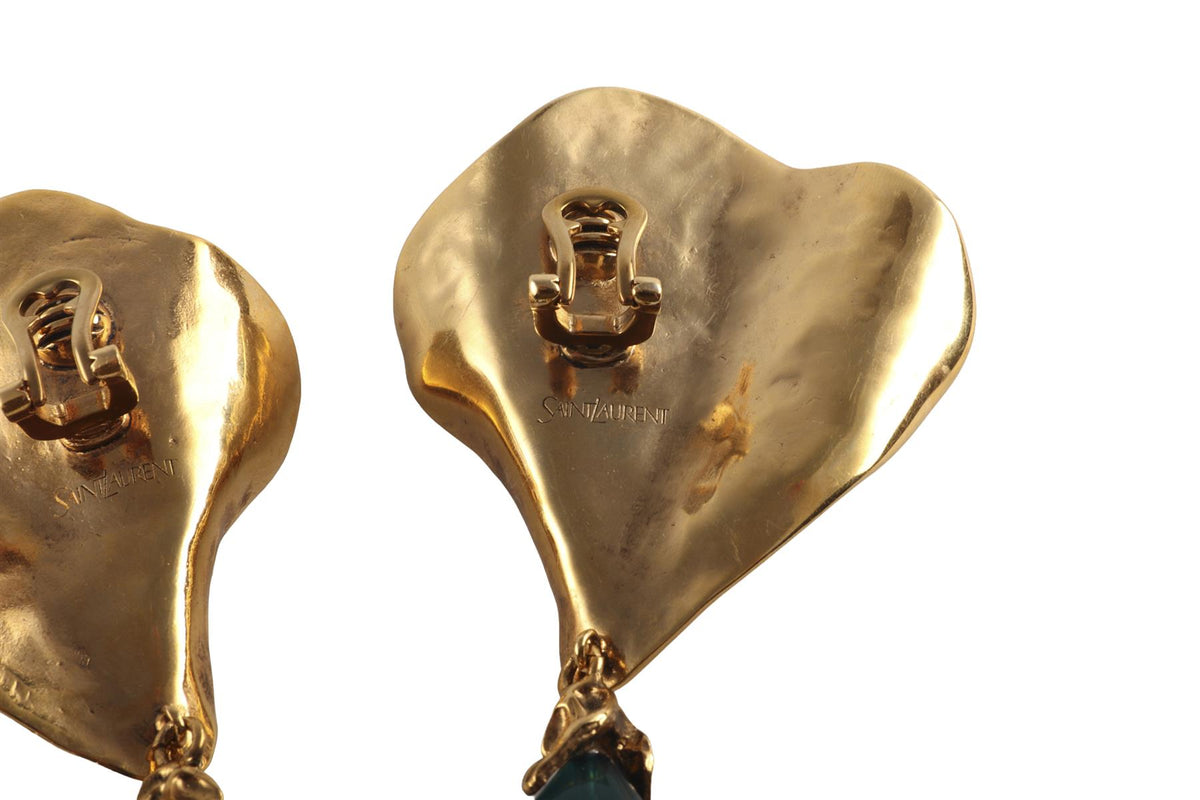SAINT LAURENT GREEN GOLD TONE CLIP ON EARRINGS