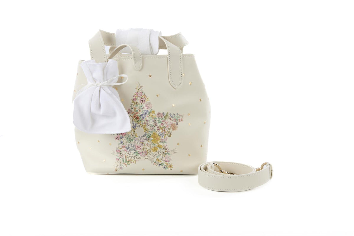 CHRISTIAN DIOR WHITE DIOR LUCKY SMALL TOUJOURS VERTICAL LEATHER TOTE BAG