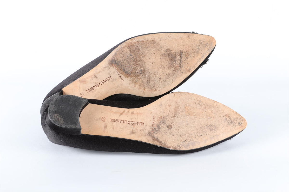 MANOLO BLAHNIK BLACK HANGISI CRYSTAL AND SATIN BALLET FLATS