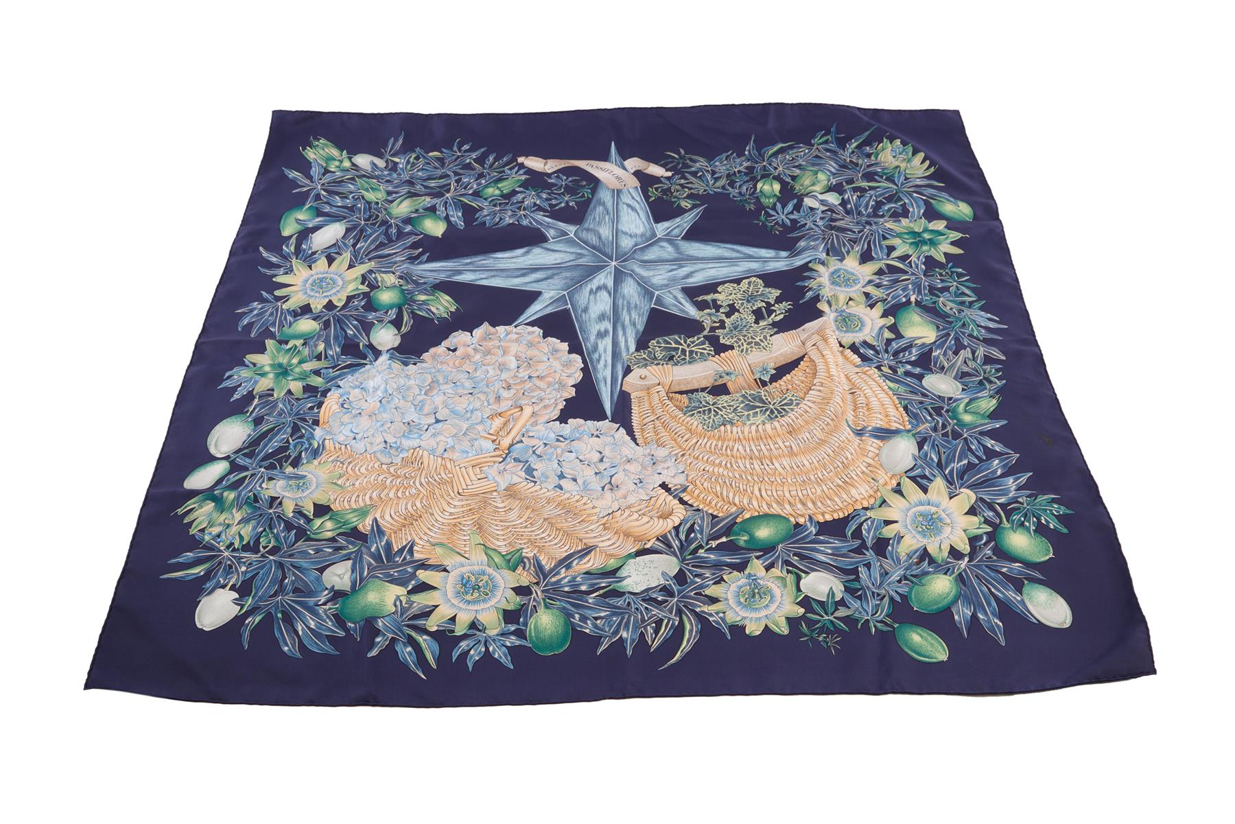HERMÈS NAVY PASSIFLORES SILK SCARF